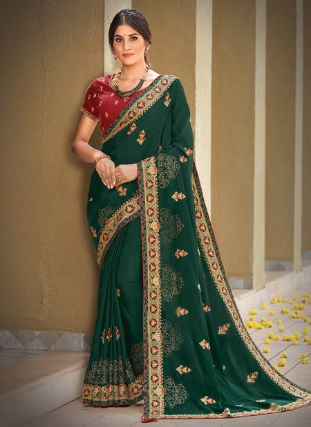 Emerald Green Colour Latest Wedding Wear Silk Georgette Embroidered Saree Collection 41714